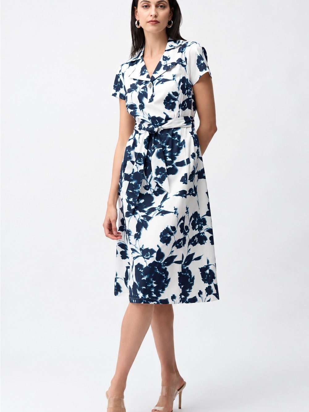 Joseph Ribkoff Navy and White Floral Tie-Waist Shirt Dress